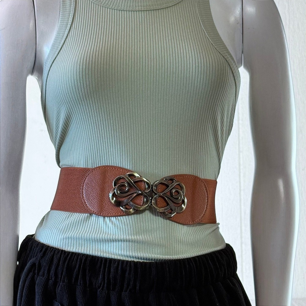Belt Cognac Brown‎ M Elastic Cinch Filigree Buckle Renaissance Celtic Fantasy